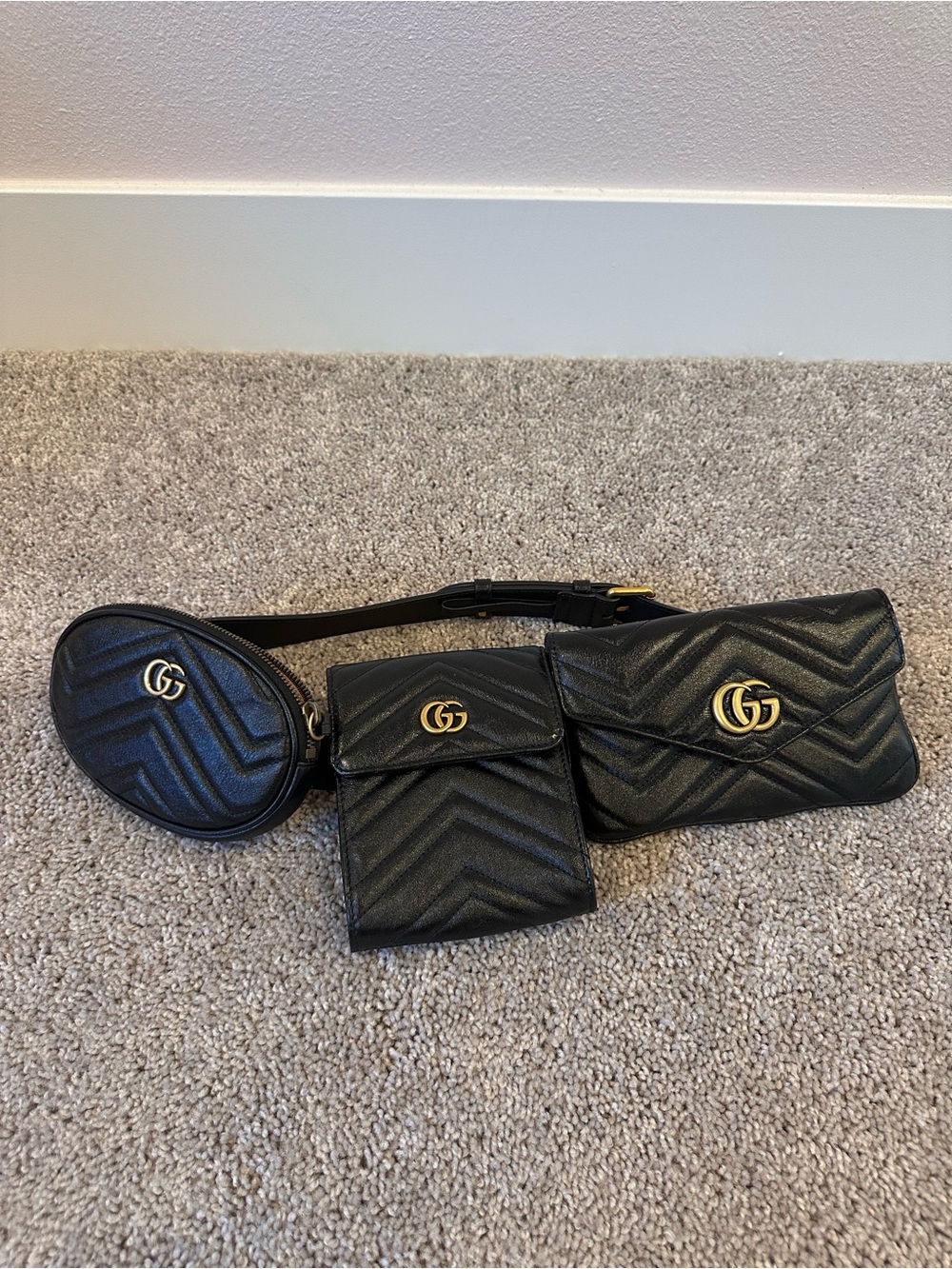 Gucci Black Matelassé Calfskin GG Marmont Triple Pouch Belt Bag -Size 85 - 34 - Picture 1 of 14